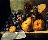 Pears, Grapes, A Greengage, Plums A Stoneware Flask And A Wicker Basket On A Wooden Ledge